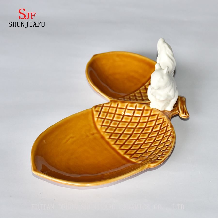 Pommes de pin doubles créatives et assiette d'assaisonnement en céramique pour oiseaux mignons / B