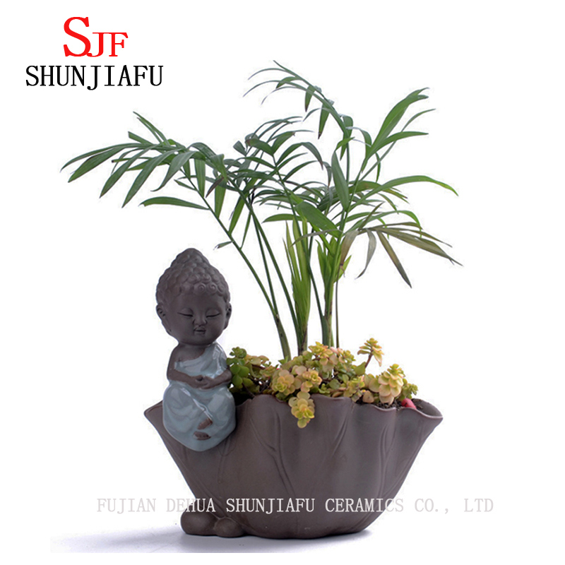 Pot de fleurs vintage en céramique pour la maison / le jardin avec petit moine et bouddha