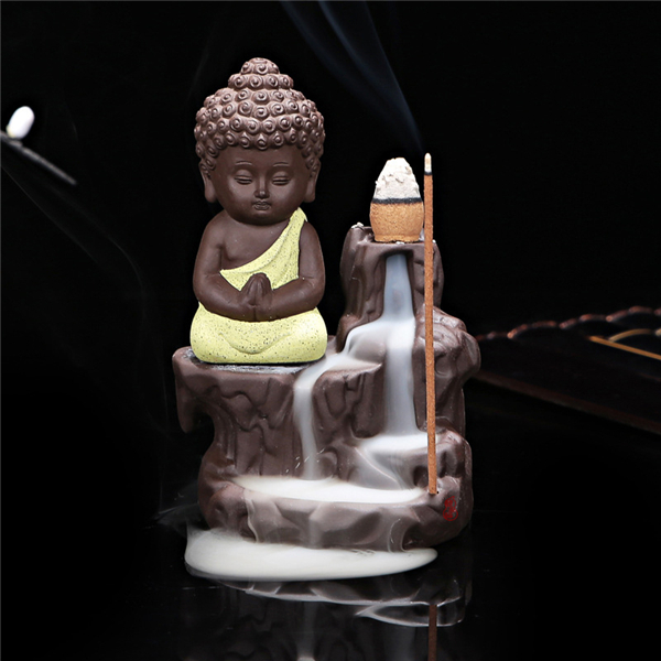 yellow Small statue Buddha Ceramic incense burner backflow 6