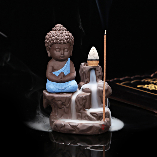 Incense Burner Backflow Tower Cones Sticks Holder Ceramic Porcelain Buddha Monk Ash Catcher- Blue 1