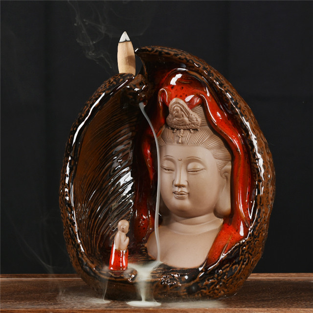 Backflow Incense Burner Guanyin Shape Wholesale Censer Cone Ceramic Smoke Burner Backflow Incense Holder Home Decor 4347