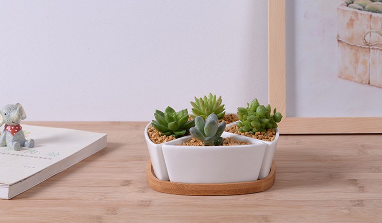 Pot de fleurs triangulaire en céramique blanche avec base en bambou