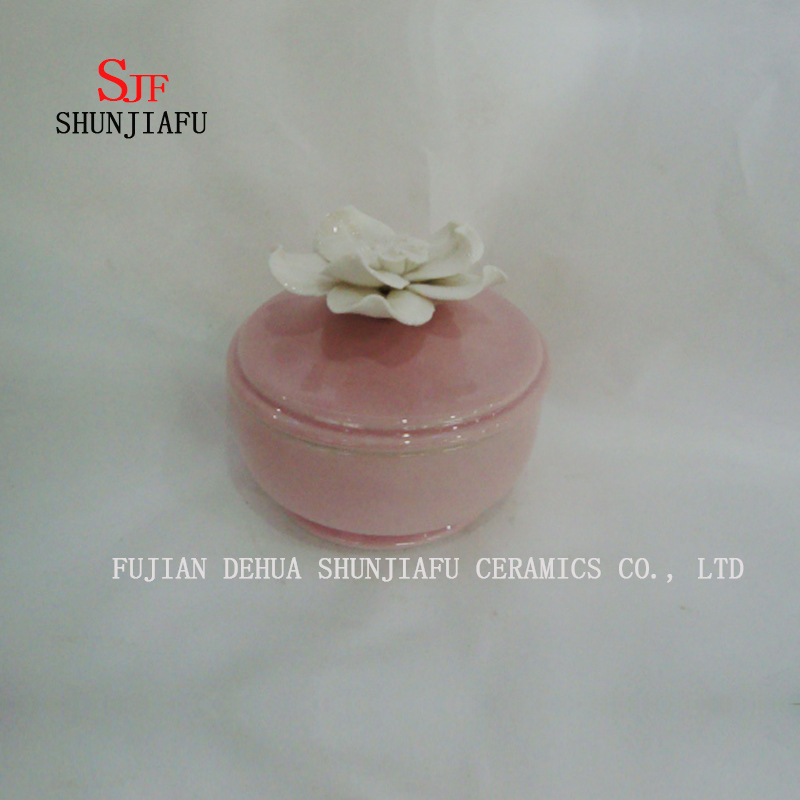 Boîte à Bijoux en Céramique Rose avec Couvercle Fleur Rose Blanche