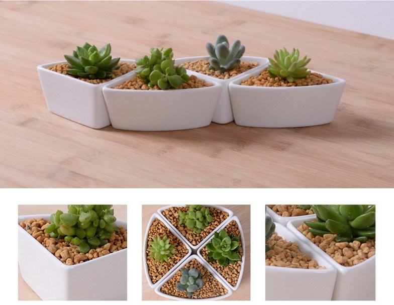 Pot de fleurs triangulaire en céramique blanche avec base en bambou