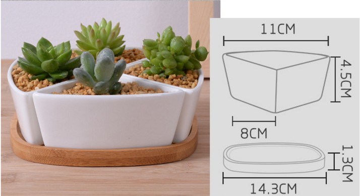Pot de fleurs triangulaire en céramique blanche avec base en bambou