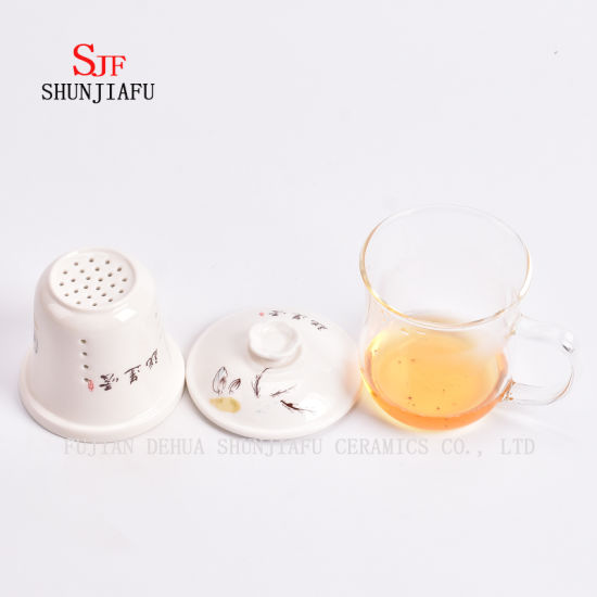 Tasses en céramique Tasse à thé en verre à double paroi Tasse transparente créative Ensemble de trois pièces avec filtre et couvercle Tasses à thé à fleurs de Rose Tasse en céramique en verre