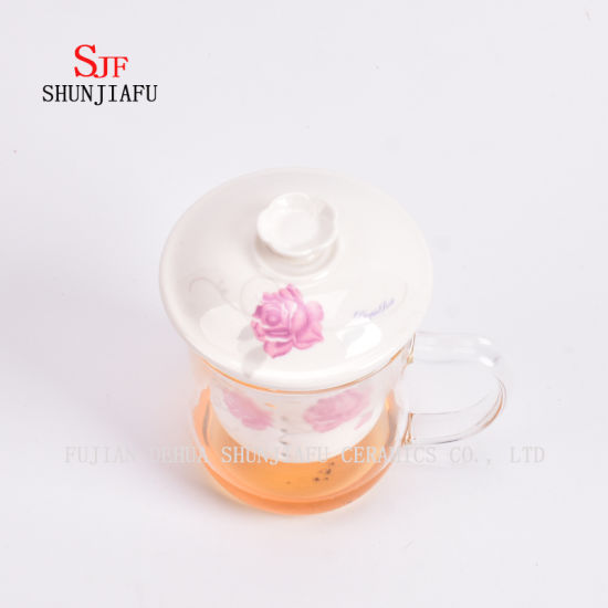 Filtre de doublure en céramique de tasse de fleur en verre résistant à la chaleur sur les tasses transparentes de bureau couvertes, 400 ml