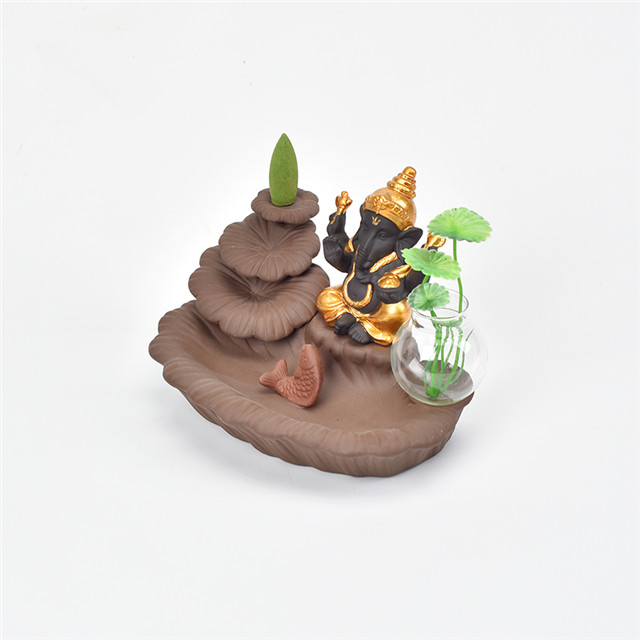 Porte-bâton doré Ganesha Backflow brûleur d'encens éléphant dieu emblème de bon augure et vase en verre succès cône en céramique encensoir décor à la maison