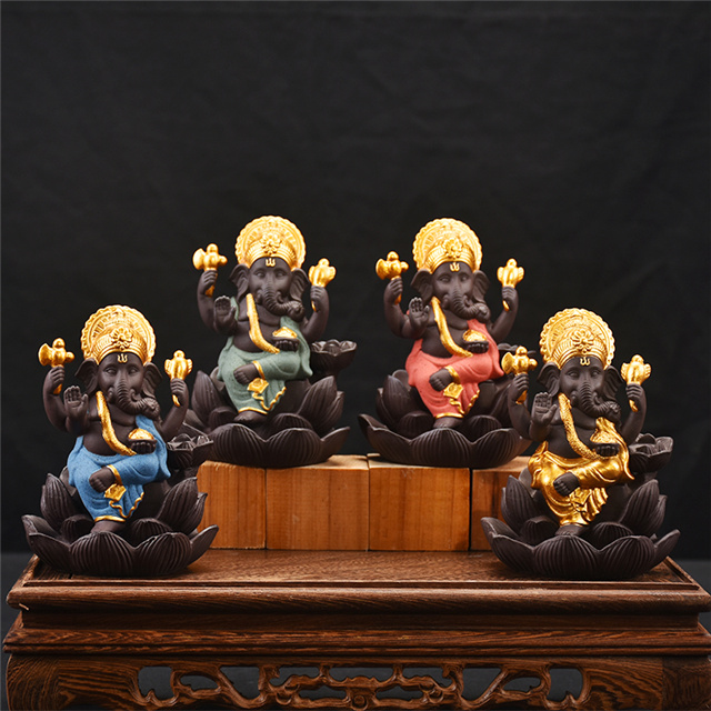Décor à la maison créatif Le Ganesha en céramique bleue / Statue de Ganesha en céramique encensoir à reflux brûleur d'encens - bleu