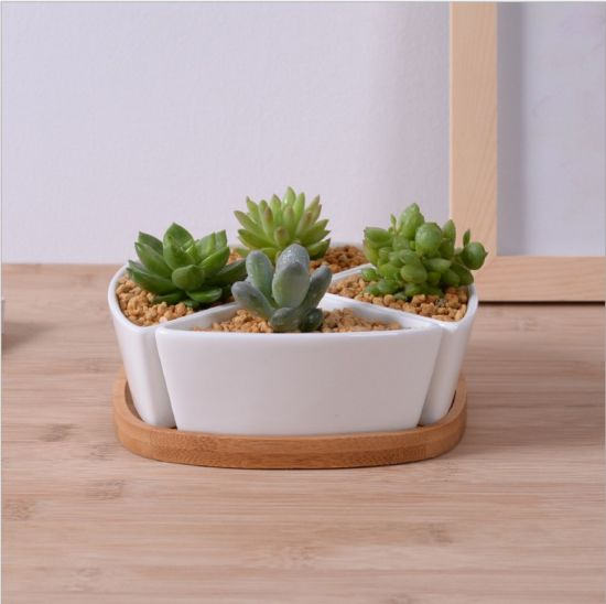 Pot de fleurs triangulaire en céramique blanche avec base en bambou