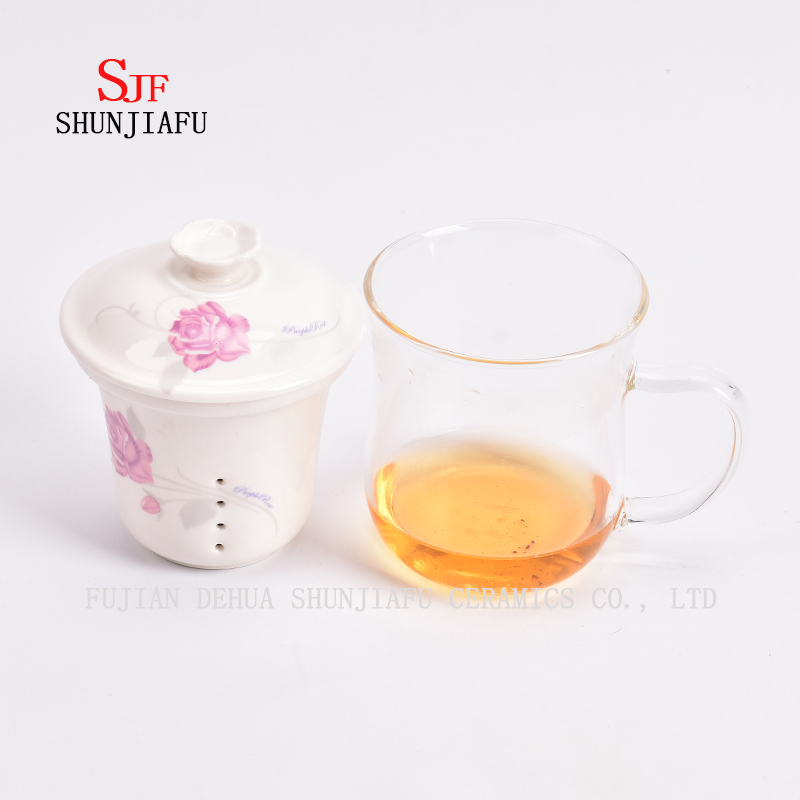 Filtre de doublure en c&eacute;ramique de tasse de fleur en verre r&eacute;sistant &agrave; la chaleur sur les tasses transparentes de bureau couvertes, 400 ml