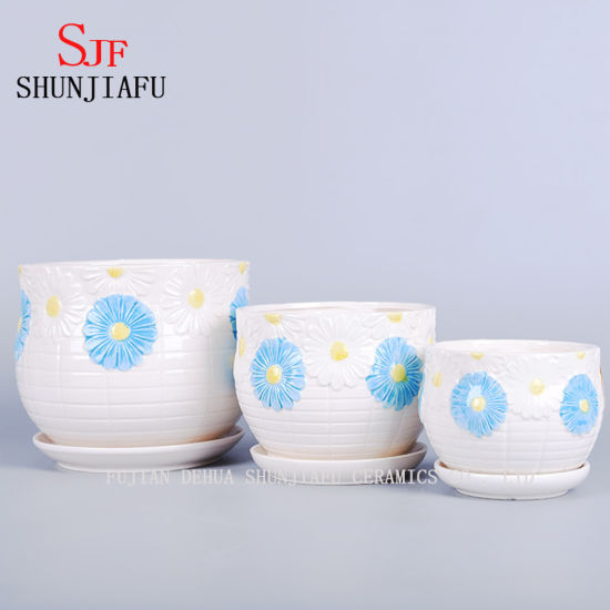 Pot de fleurs de jardinière à soucoupe design marguerite blanche et bleue géante
