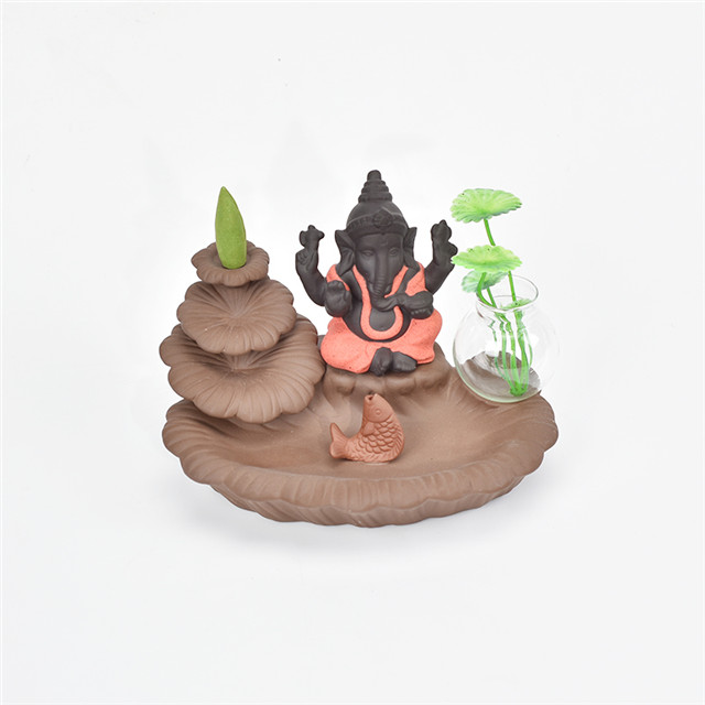 Porte-bâton rouge Ganesha Backflow brûleur d'encens éléphant dieu emblème de bon augure et vase en verre succès cône en céramique encensoir décor à la maison