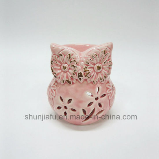 Photophore hibou en céramique rose