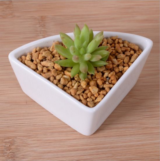 Pot de fleurs triangulaire en céramique blanche avec base en bambou