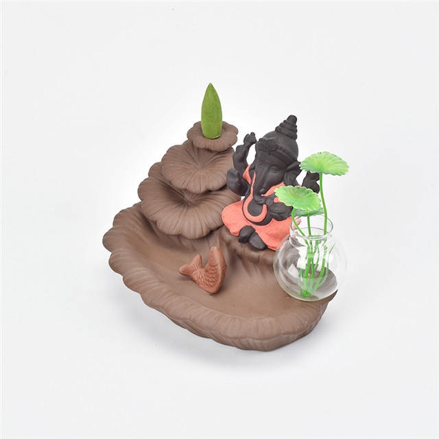 Porte-bâton rouge Ganesha Backflow brûleur d'encens éléphant dieu emblème de bon augure et vase en verre succès cône en céramique encensoir décor à la maison