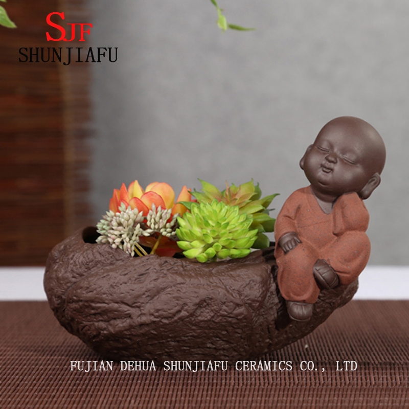 Pot de fleurs vintage en c&eacute;ramique pour la maison / le jardin avec petit moine