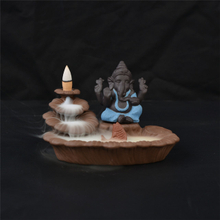 Porte-bâton bleu Ganesha Backflow brûleur d'encens éléphant dieu emblème de bon augure et vase en verre succès cône en céramique encensoir décor à la maison