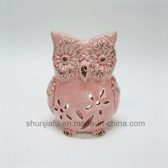 Photophore hibou en céramique rose