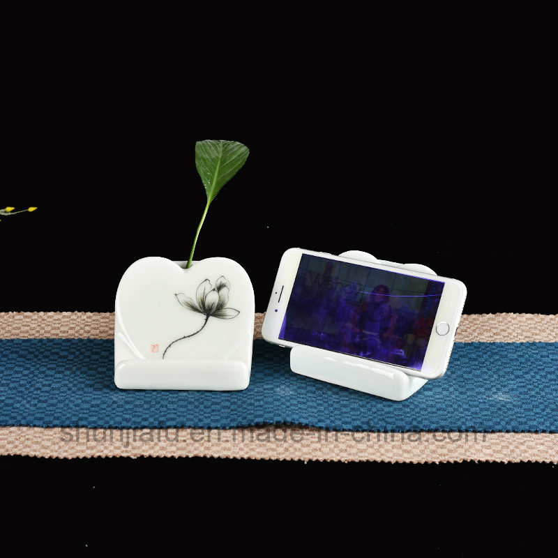 Support de t&eacute;l&eacute;phone portable de type vase en c&eacute;ramique dessin &agrave; la main
