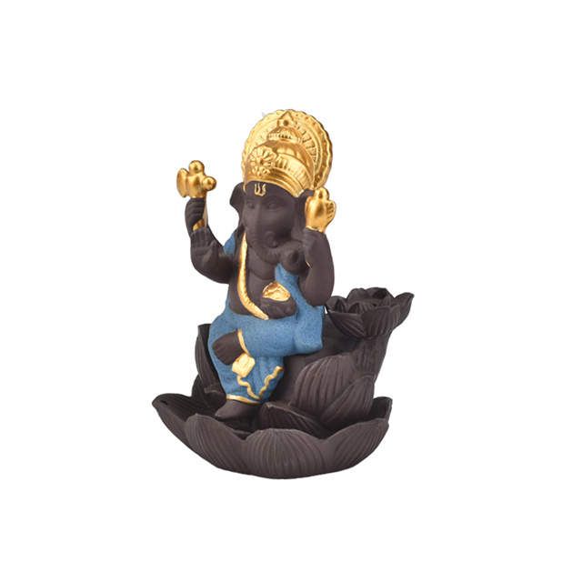 Décor à la maison créatif Le Ganesha en céramique bleue / Statue de Ganesha en céramique encensoir à reflux brûleur d'encens - bleu