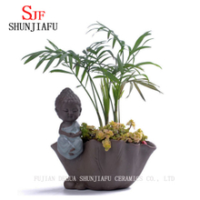 Pot de fleurs vintage en céramique pour la maison / le jardin avec petit moine et bouddha