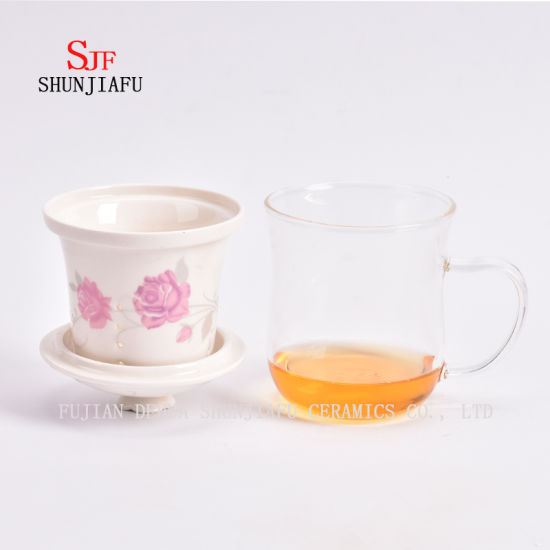 Filtre de doublure en céramique de tasse de fleur en verre résistant à la chaleur sur les tasses transparentes de bureau couvertes, 400 ml