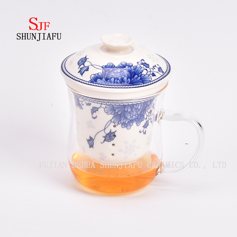 Tasse &agrave; th&eacute; fleur pour bureau et maison, filtre en c&eacute;ramique et tasse en verre borosilicat&eacute;, tasses &agrave; th&eacute; en verre avec couvercle