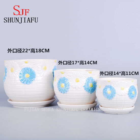 Pot de fleurs de jardinière à soucoupe design marguerite blanche et bleue géante