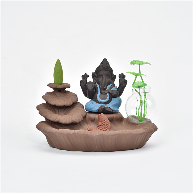 Porte-bâton bleu Ganesha Backflow brûleur d'encens éléphant dieu emblème de bon augure et vase en verre succès cône en céramique encensoir décor à la maison