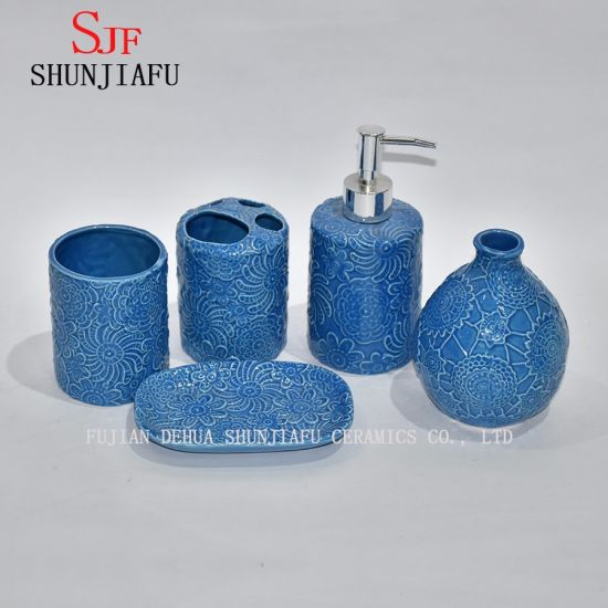 Ensemble de salle de bain 5 pièces en céramique bleue