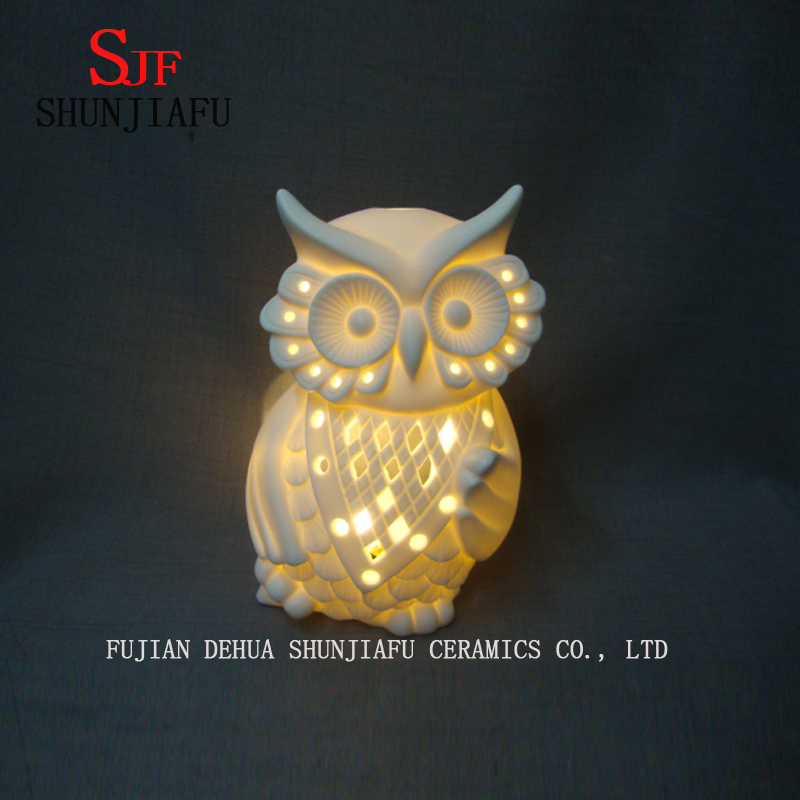 Veilleuse de hibou avec d&eacute;coration en c&eacute;ramique &agrave; piles LED