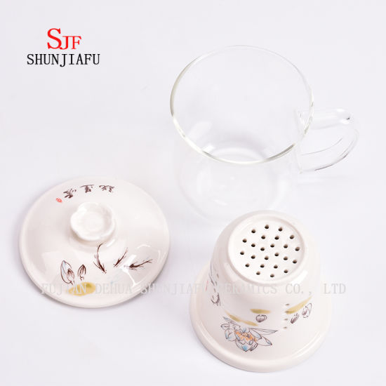 Tasses en céramique Tasse à thé en verre à double paroi Tasse transparente créative Ensemble de trois pièces avec filtre et couvercle Tasses à thé à fleurs de Rose Tasse en céramique en verre