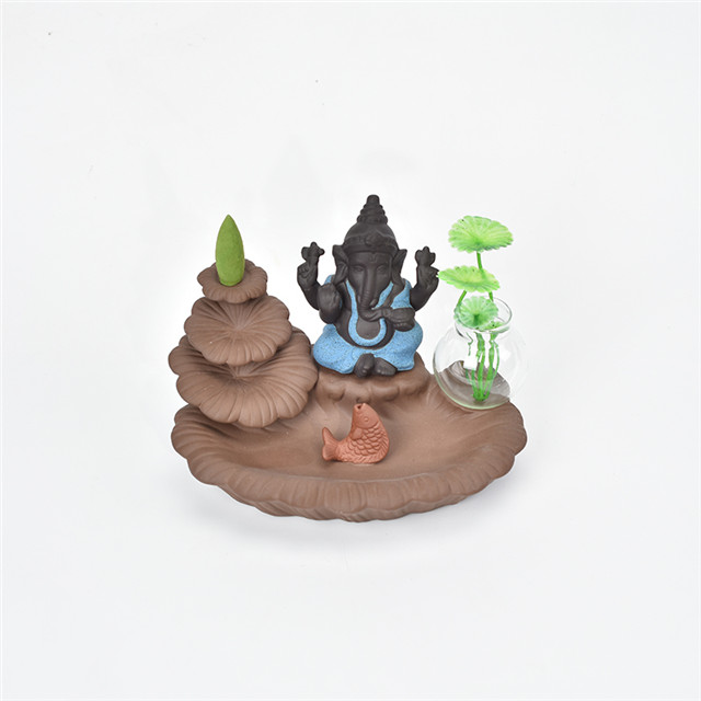 Porte-bâton bleu Ganesha Backflow brûleur d'encens éléphant dieu emblème de bon augure et vase en verre succès cône en céramique encensoir décor à la maison
