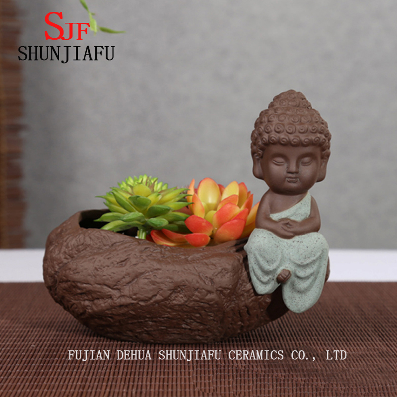 Pot de fleurs vintage en c&eacute;ramique pour la maison / le jardin avec petit moine