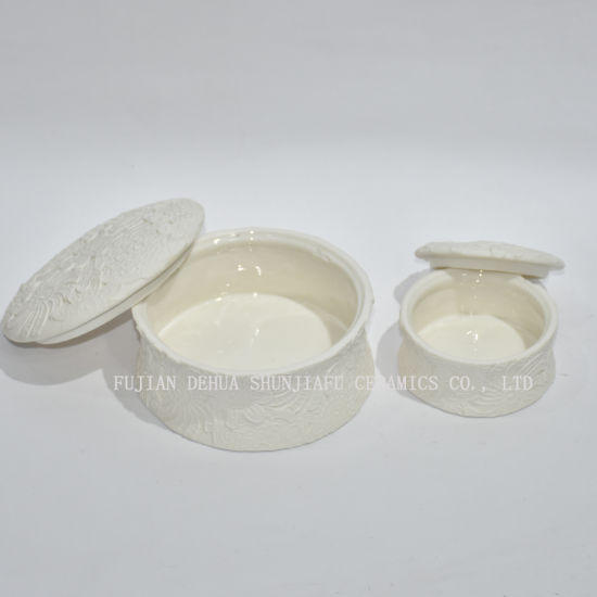 Céramique blanche ronde surélevée décorative / porte-bijoux supérieur de commode