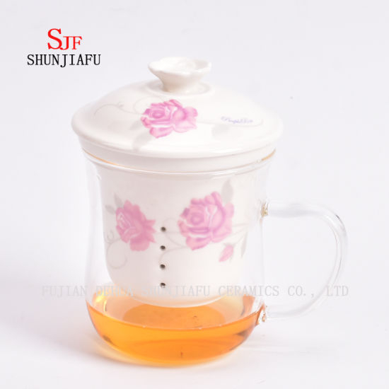 Filtre de doublure en céramique de tasse de fleur en verre résistant à la chaleur sur les tasses transparentes de bureau couvertes, 400 ml