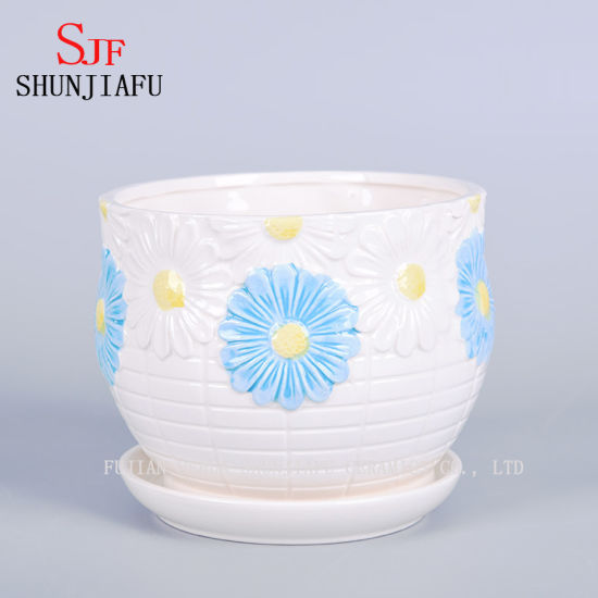 Pot de fleurs de jardinière à soucoupe design marguerite blanche et bleue géante