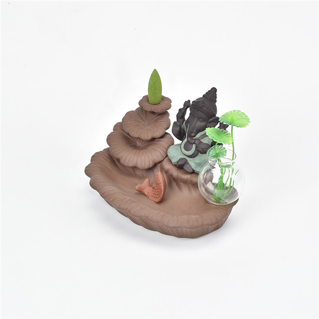 Porte-bâton vert Ganesha Backflow brûleur d'encens éléphant dieu emblème de bon augure et vase en verre succès cône en céramique encensoir décor à la maison