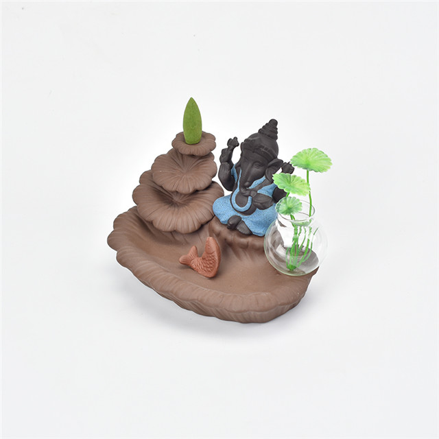 Porte-bâton bleu Ganesha Backflow brûleur d'encens éléphant dieu emblème de bon augure et vase en verre succès cône en céramique encensoir décor à la maison