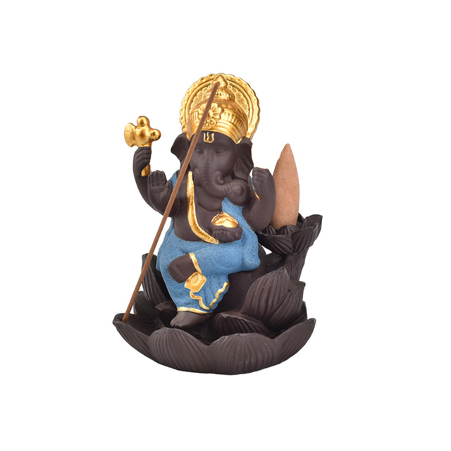 Décor à la maison créatif Le Ganesha en céramique bleue / Statue de Ganesha en céramique encensoir à reflux brûleur d'encens - bleu