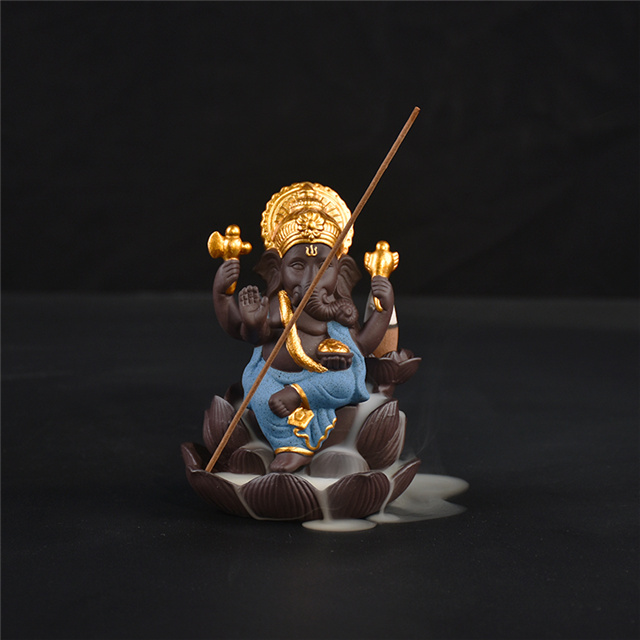 Décor à la maison créatif Le Ganesha en céramique bleue / Statue de Ganesha en céramique encensoir à reflux brûleur d'encens - bleu