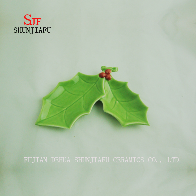 Assiette double de No&euml;l en c&eacute;ramique 2 tailles / feuille verte