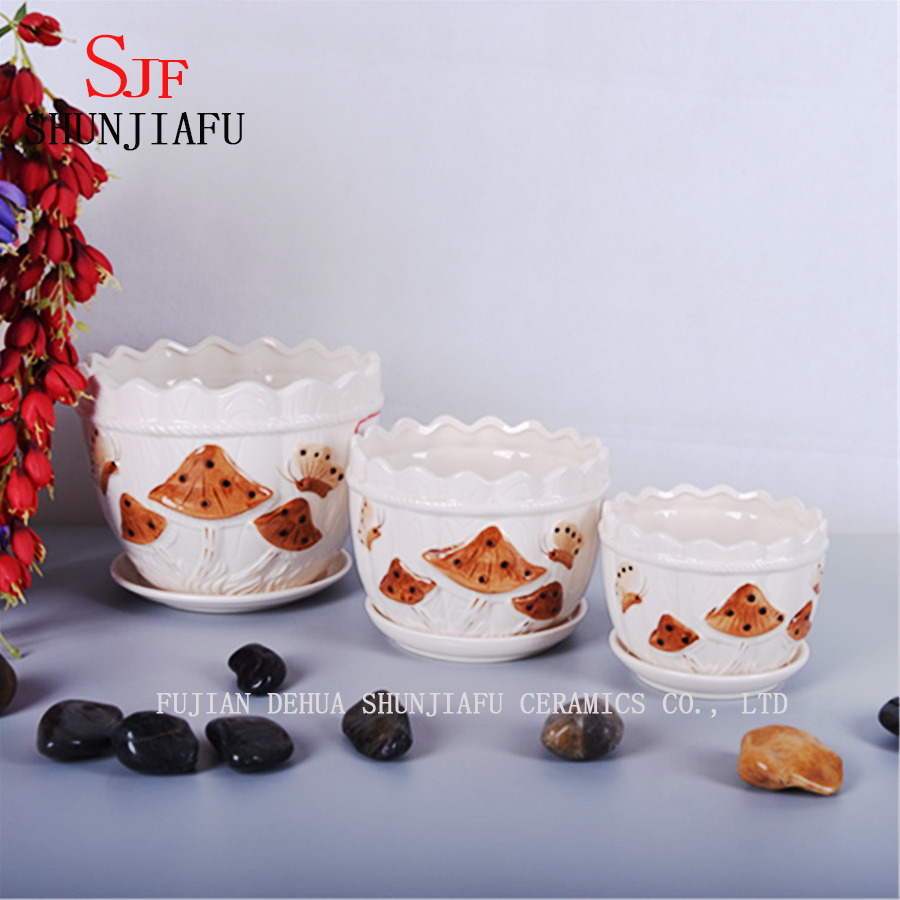 Ensemble de 3 pots de fleurs en c&eacute;ramique avec beau motif champignon