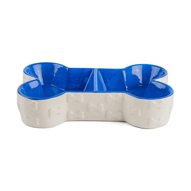 Anaglyph os bol fond bleu os forme Double bol Design chien bol en céramique bassin alimentaire bassin de nourriture pour animaux de compagnie beau bassin de nourriture pour animaux de compagnie