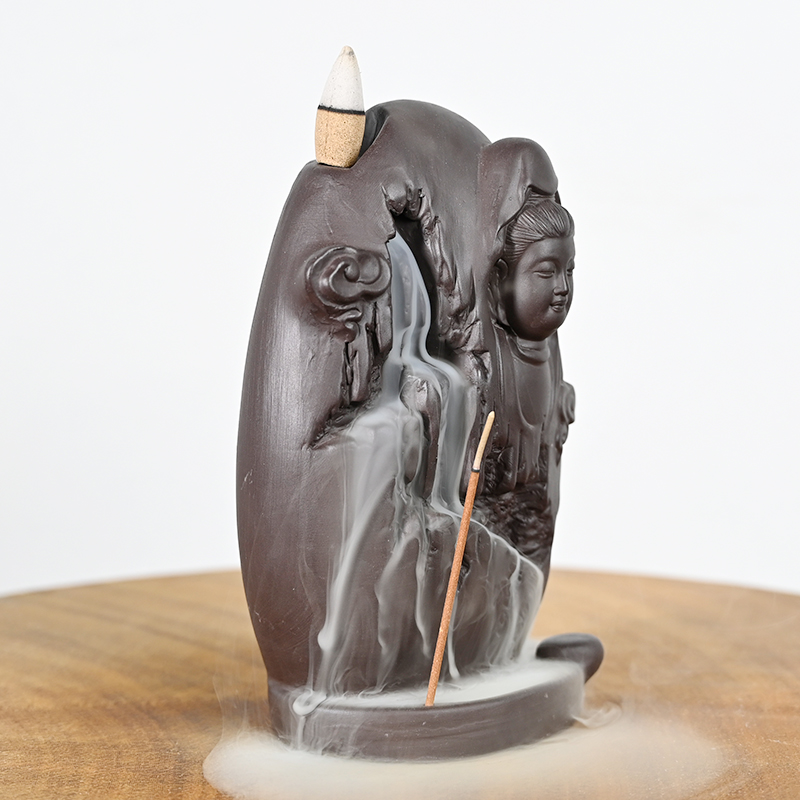 Brûleur d'encens à refoulement en céramique Supports de cône d'encens en cascade Guanyin en céramique