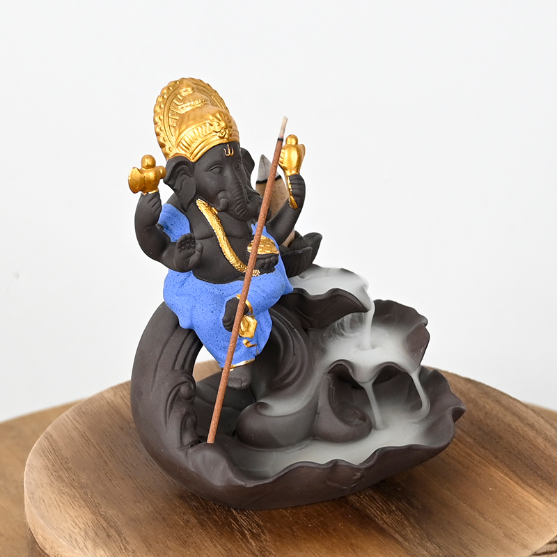 Brûleur d'encens à refoulement en cascade de style Ganesha en céramique bleue