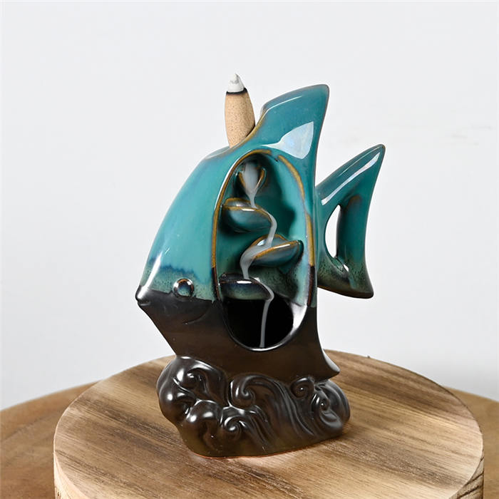  Blue Ceramic Fish Waterfall Flow Flow Burner Burner Ornement Cône d'encens de reflux de cascade