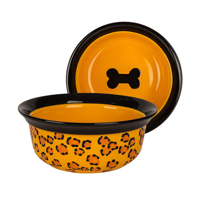 Impression de fond de bol Images d'os Mangeoire pour animaux de compagnie en céramique jaune Bol pour chien en céramique circulaire