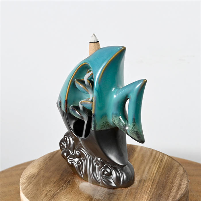  Blue Ceramic Fish Waterfall Flow Flow Burner Burner Ornement Cône d'encens de reflux de cascade